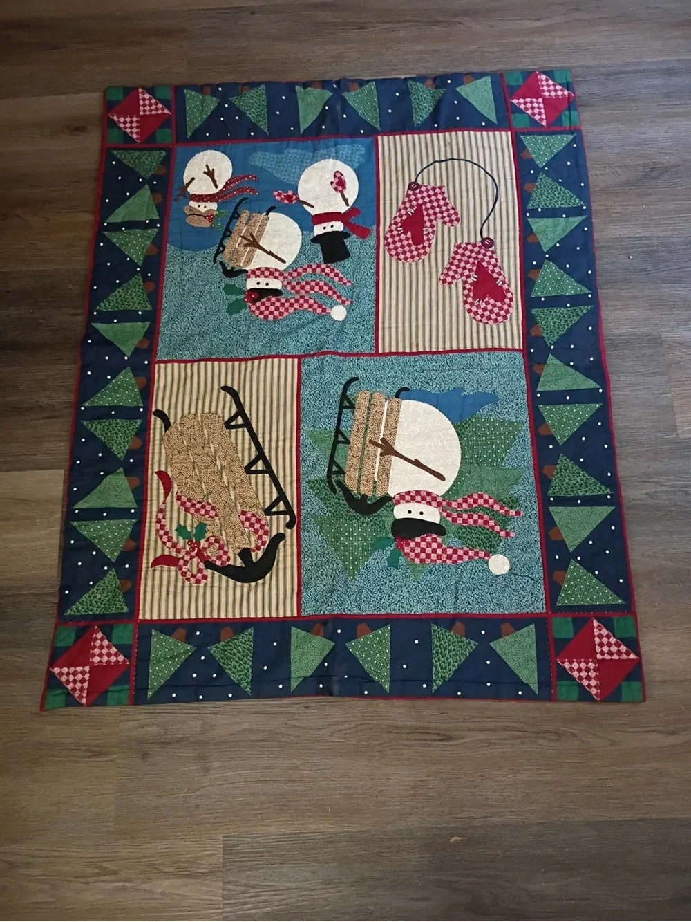 Holiday Snowman Patchwork Baby Crib Quilt - Red, Green, Blue